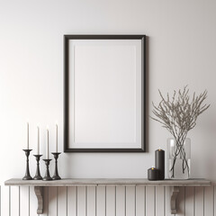Black Frame mockup, white wall, Interior , neutral tones, modernd  background, candles, flower in pot, fireplace, TV Art, sofa, couch, indoor, lounge, comfortable, table, candles, vase, flower, firepl