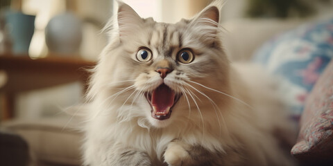 Charming surprised cat in the living room. Emotional pet	