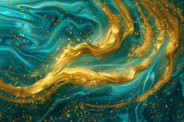 whirling gold particles in turquoise fluid, magical wave spiral background