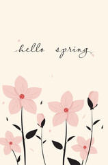 Hello spring words greeting card or banner with pink flowers for print, wallpapers, posters, fabrics