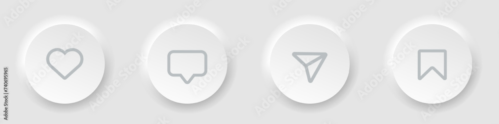 Poster neumorphism ui ux design. elements buttons like, comment, share, save on grey background. user inter