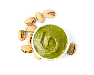 Tasty pistachio cream in bowl and nuts isolated on white, top view