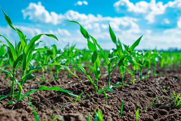 field with young shoots of corn.