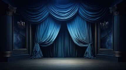 a stage set with blue curtains