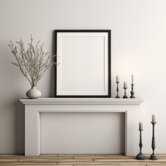 Black Frame mockup, white wall, Interior , neutral tones, modernd  background, candles, flower in pot, fireplace, TV Art, sofa, couch, indoor, lounge, comfortable, table