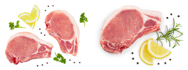 sliced raw pork meat with parsley and lemon isolated on white background. Top view. Flat lay - obrazy, fototapety, plakaty