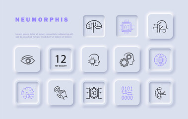 Ai line icon set. Machine learning, , data analysis, technology, hand, brain, binary code, eye, gear, connections, neurons. Neomorphism style. Vector line icon for business and advertising