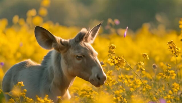 closeup of a little donkey on the yellow flowers. 4k video animation