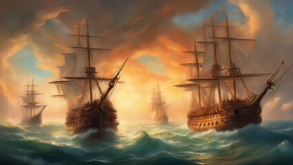 Historical painting of late 18th early 19th century Large Sailing Ship, created with Generative AI technology