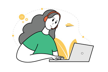 Woman with headphones and with computer. Online support, customer service, call center, freelancer or student. Vector illustration.