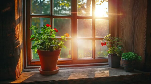 A wooden window embraces a mesmerizing vista of forest trees, forming a tranquil and harmonious tableau. The detailed wood grains infuse a touch of warmth into the lush seamless time lapse