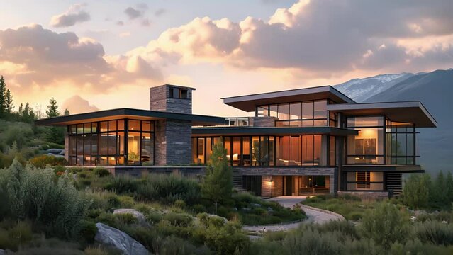 A modern masterpiece this mountain home blends sleek lines and bold materials with the stunning backdrop of rugged peaks. The large windows offer unparalleled views while