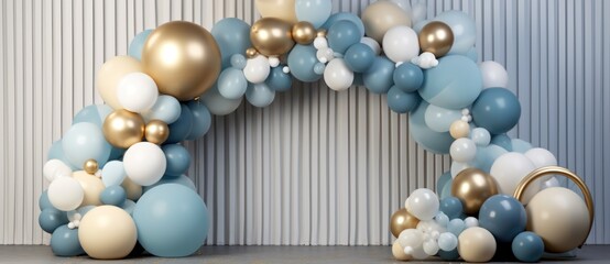 Fototapeta na wymiar blue and gold balloons and arch, in the style of matte background