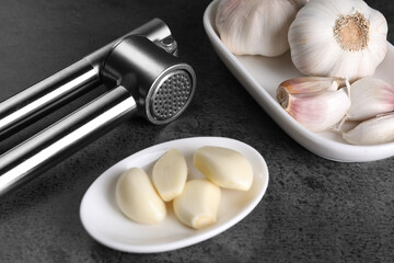 Fototapeta na wymiar Garlic press, bulbs and cloves on grey table, closeup