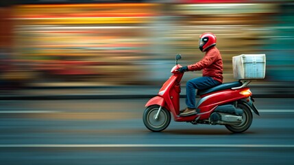 Obraz premium Speeding Delivery Scooter in Urban Setting. Generative ai