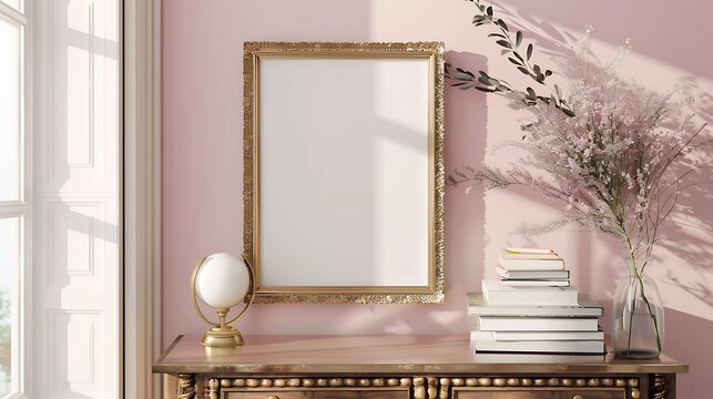 A mockup poster blank frame in an ornate gold frame, above a retro chest drawer, surrounded by stacked coffee table books, in light and airy pastels