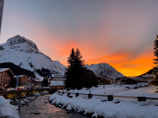 Sunset over the village of Lech in the Arlberg, Austria