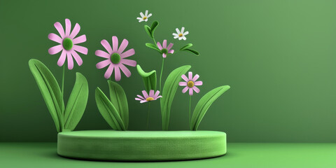 Green podium background for product, Symbols of love for women's holiday, Valentine's Day, 3D rendering paper flowers with empty space for text or greeting card design. Postcard