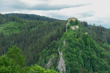 Panoramic view of medieval castle on a hill in Eppenstein, Mur Valley, Styria, Austria. Ruins of...