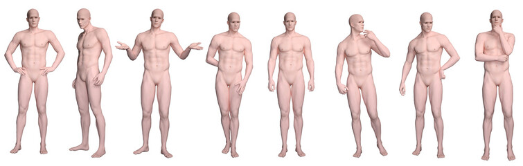 3D Render : Portrait of  silicone texture male dummy character is standing, posing his body with common daily gesture, PNG transparent