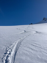 Scenes backcountry skiing near Verbier, Switzerland, in the Alps with ski touring