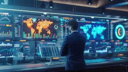 Modern finance hub interactive tech displays showing global markets set against a backdrop of starship designs