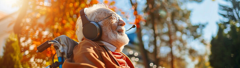 Retiree in a wheelchair enjoying music through headphones in a backyard powered by solar energy secure and private