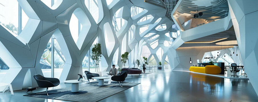 Innovative secure workspace design visualized through futuristic geometric structures optimizing privacy for creative networking