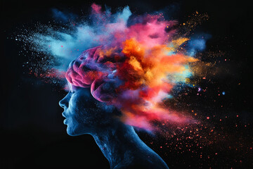 Woman's face is shown with colorful background of blue red and yellow splashes of light giving artistic and creative appearance to the photo.