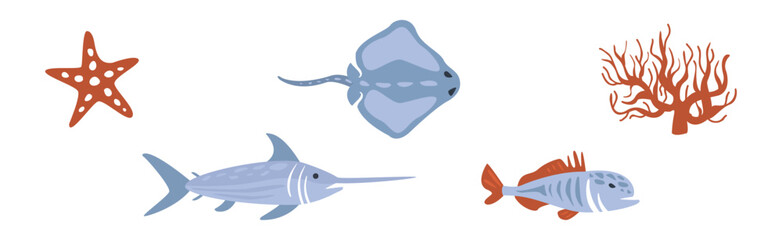 Sea Animals and Marine Creature Floating in Ocean Vector Set