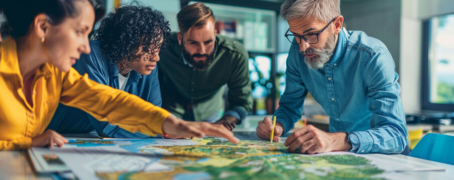 Diverse team of architects designing an industrial complex using investment insights to integrate natural elements reflecting Earth s beauty