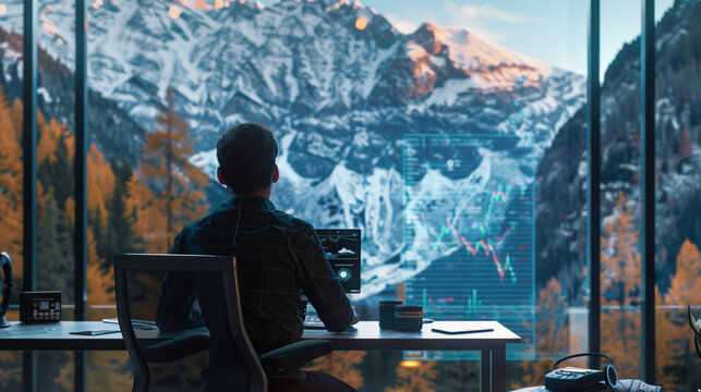 Eco futuristic home office with a mountain view a professional analyzing stock markets on a wireframe laptop