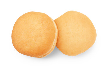 Fresh hamburger buns isolated on white, top view