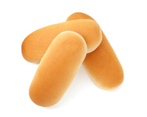 Three fresh hot dog buns isolated on white, top view