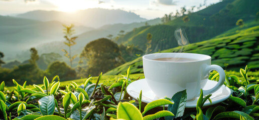 white mug of hot tea and fresh green tea leaves on the background of a tea plantation at sunset, copy space - obrazy, fototapety, plakaty