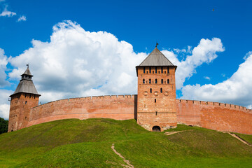 Towers and walls of Veliky Novgorod Kremlin (Novgorod Detinets). Sunny summer day. Russia - 740700164