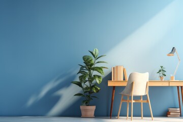 desk with chairs and a plant on a blue wall