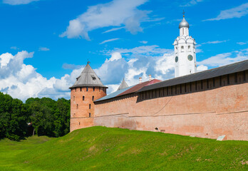 Towers and walls of Veliky Novgorod Kremlin (Novgorod Detinets). Sunny summer day. Russia - 740700345