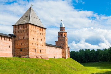 Fototapeta na wymiar Towers and walls of Veliky Novgorod Kremlin (Novgorod Detinets). Sunny summer day. Russia