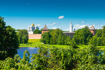 Panorama of Veliky Novgorod Kremlin (Novgorod Detinets), Volkhov river in summer sunny day. Veliky Novgorod. Russia