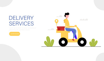 Delivery service landing page template. Courier riding a scooter with a parcel in the city. illustration.