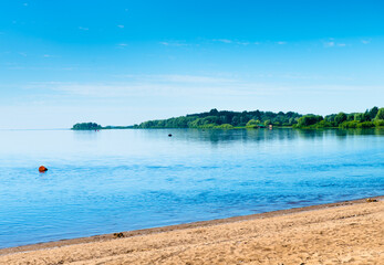 Volkhov river in sunny summer day, Veliky Novgorod, Russia