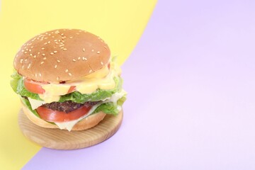 Burger with delicious patty on color background. Space for text