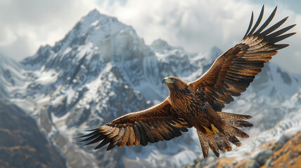 Against a backdrop of snow-capped mountains, a golden eagle soars majestically through the crisp alpine air, its keen eyes scanning the rugged terrain below.  - obrazy, fototapety, plakaty