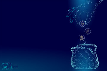 Low poly hand puts Bitcoin cryptocurrency into wallet. Future e-commerce digital international finance banking technology mining blockchain. Blue glowing space 3d vector illustration