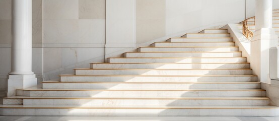 marble stairs in a white building with a light, in the style of gray and beige