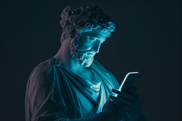 Ancient Greek god sculpture holding a smartphone in the dark. Statue of a hero scrolling social media. Doomscrolling, mental health, digital wellness, time loss concept. Bad habits, news.