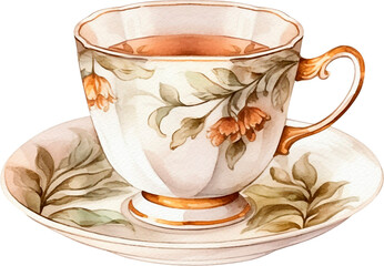 Tea Love. Vintage tea cup. Cottage core tea party Kitchen Decor. Watercolor painting.