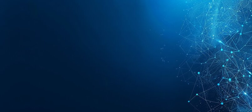 Abstract molecules, polygons, triangles on dark blue background for futuristic digital tech design.