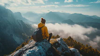 person sitting in top of mountain - obrazy, fototapety, plakaty